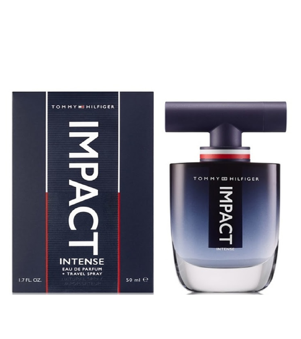 Tommy Hilfiger Impact Intense Eau de Parfum 50ml bottle and box labelled with travel spray