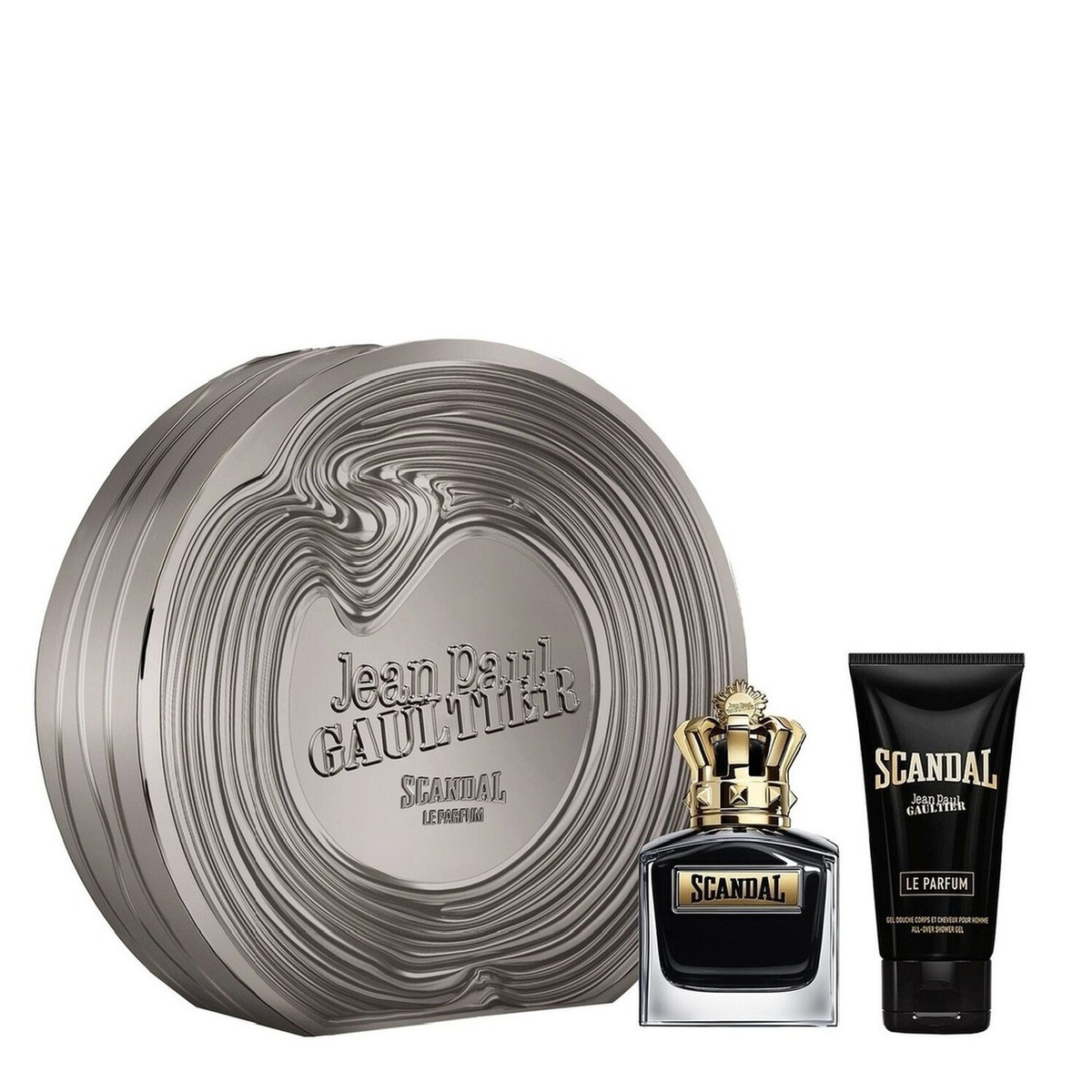 Jean Paul Gaultier Scandal Pour Homme Le Parfum gift set with black crown-topped bottle, shower gel and silver presentation tin