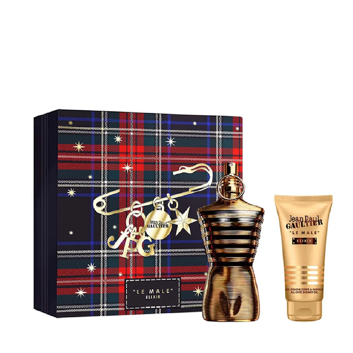 Jean Paul Gaultier Le Male Elixir gift set with gold torso bottle, shower gel and tartan presentation box