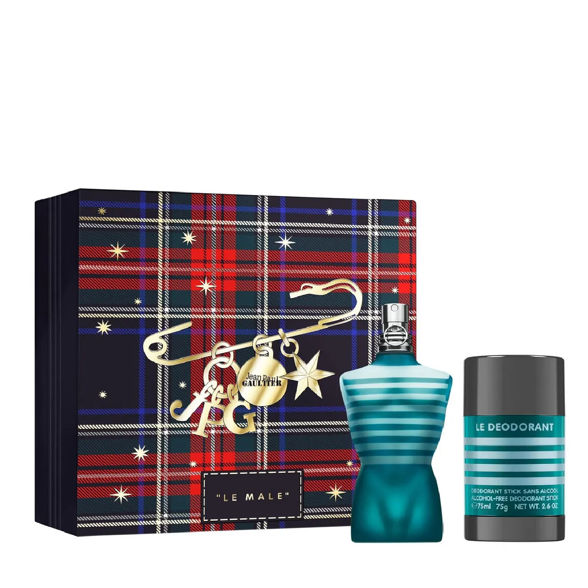 Jean Paul Gaultier Le Male gift set with striped torso eau de toilette bottle, deodorant stick and tartan presentation box