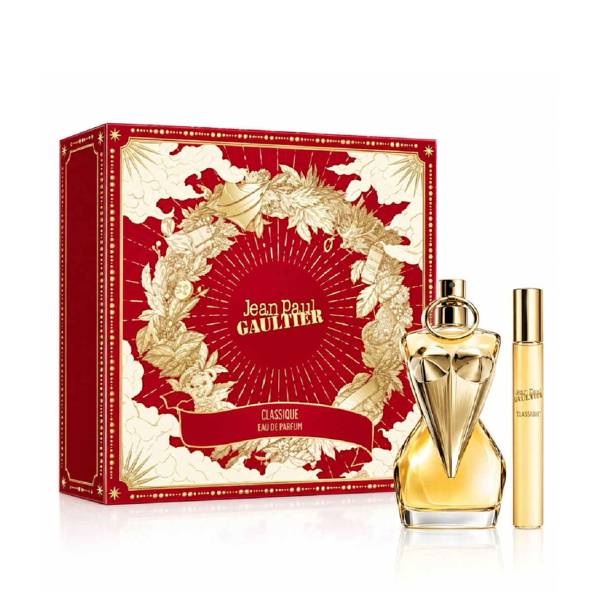Jean Paul Gaultier gift set with a gold bottle, travel spray and red box labelled Classique Eau de Parfum