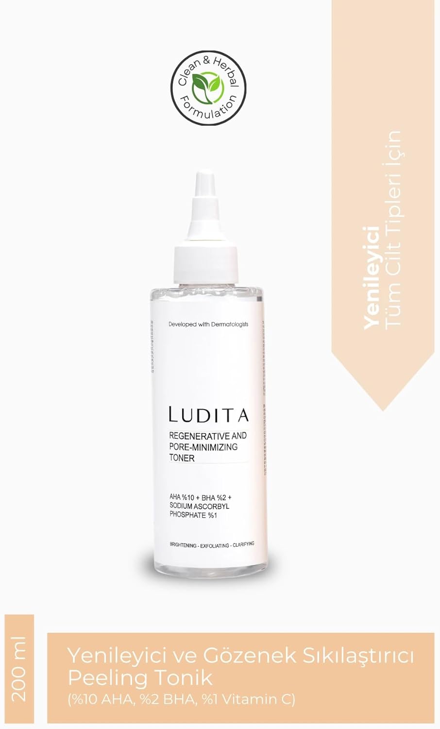 Ludita Renewing Peeling Tonic for All Skin Types, 10% AHA, 2% BHA, 1% Vitamin C Exfoliator, Pore Tightening Facial Toner, Fragrance-Free Face Toner, Cruelty-Free Skincare, 200 ml