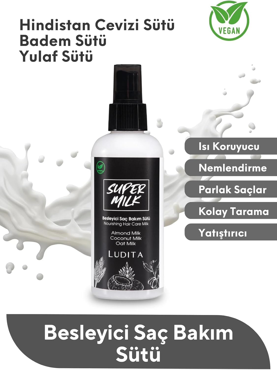 Ludita Almond Coconut Oat Milk Hair Primer, Nourishing Leave-In Conditioner Spray With Heat Protection, Frizz-Free Softening, Detangles For All Hair Types - 200ml