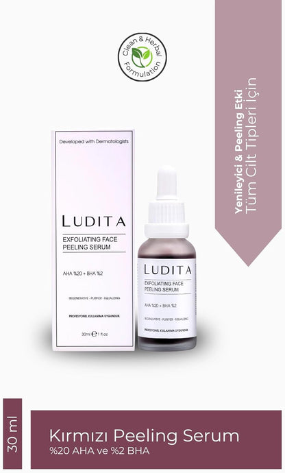 Ludita Renewing Skin Tone Equalizing Facial Peeling Red Serum, AHA 30% + BHA 2% Peeling Solution, Glycolic Acid Peel Serum, Facial Chemical Peel For Face, Exfoliating Facial Serum, 30ml