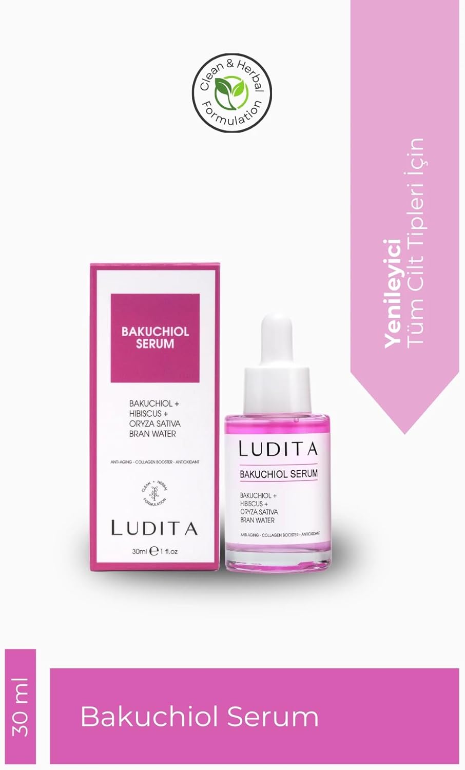Ludita Anti-Aging Bakuchiol + Hibiscus Serum, Retinol Alternative For Sensitive Skin, Deep Hydration, Brightening, Wrinkle Reduction, Even Skin Tone, 30ml