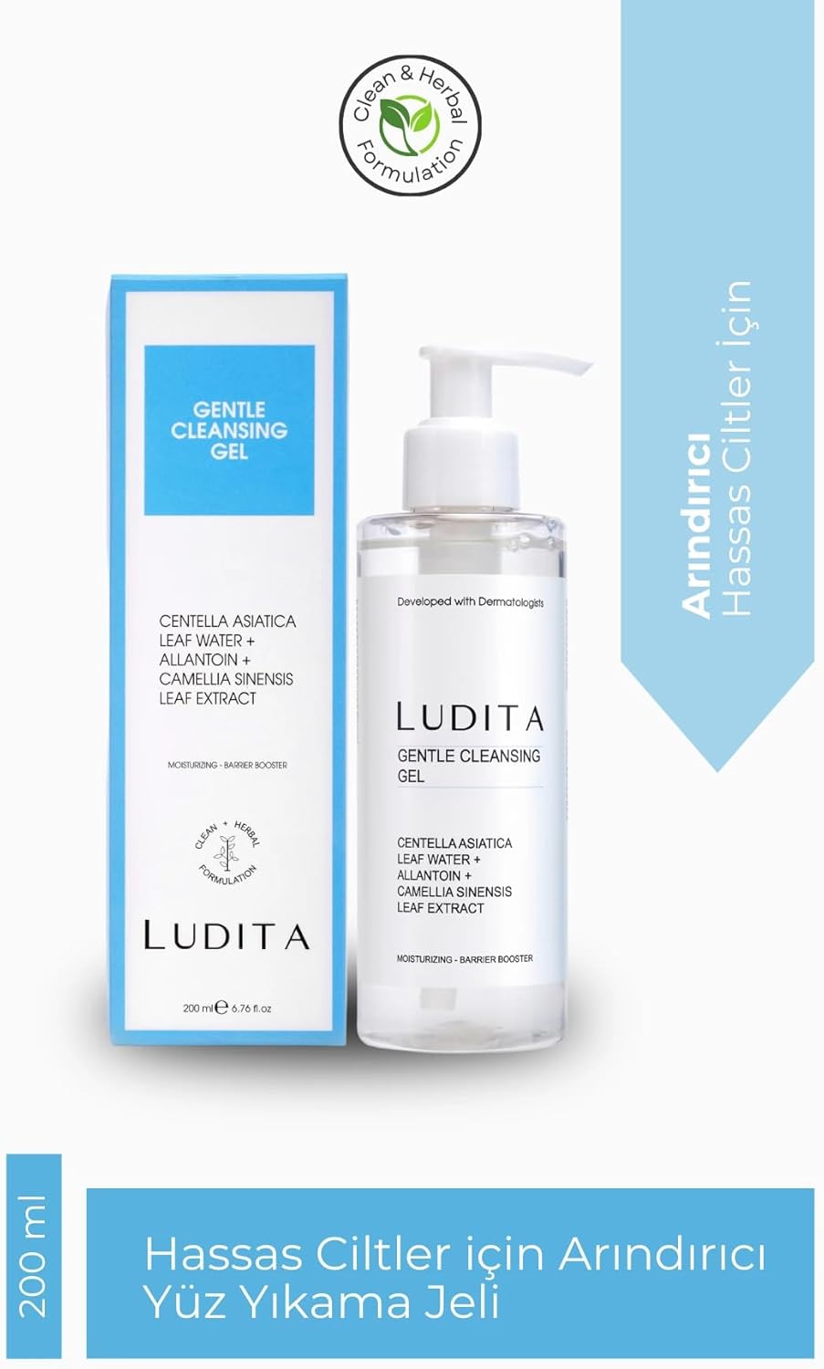 LUDITA Niacinamide Cleansing Gel, Low‑PH Gentle Face Cleanser, Sensitive Skin Face Wash, Botanical Gel Cleanser, Green Tea Face Wash, 200 ml