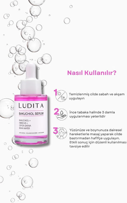 Ludita Anti-Aging Bakuchiol + Hibiscus Serum, Retinol Alternative For Sensitive Skin, Deep Hydration, Brightening, Wrinkle Reduction, Even Skin Tone, 30ml
