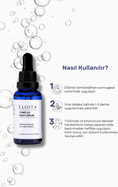Ludita Complex Night Care Serum with Hyaluronic Acid, Niacinamide & Centella – Anti-Wrinkle, Hydrating, Firming Face Serum – Perfume-Free, Vegan, 30ml