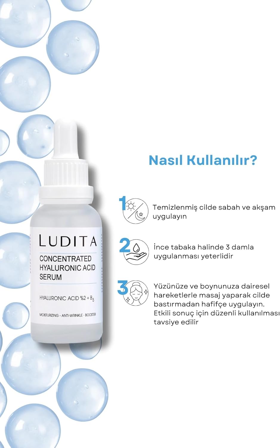 Ludita Pure Hyaluronic Acid Serum, 2% Hyaluronic Acid + B5 Intense Hydration And Skin Repair, Non‑Greasy Hyaluronic Acid Serum, Hydrating Serum for Dry Skin, 30 ml