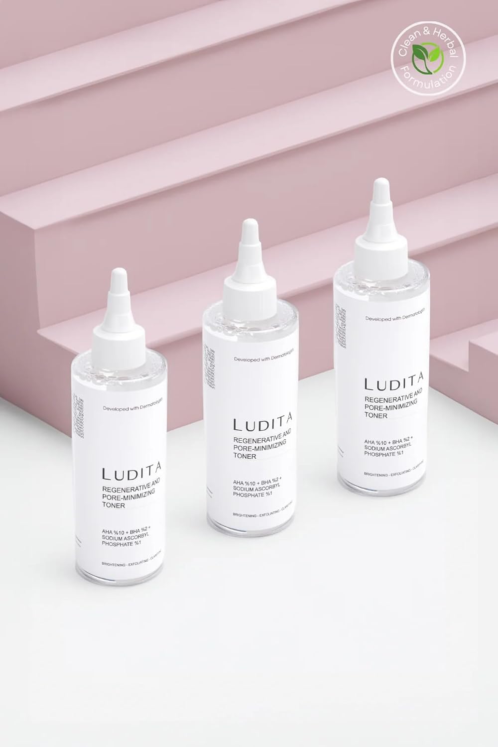 Ludita Renewing Peeling Tonic for All Skin Types, 10% AHA, 2% BHA, 1% Vitamin C Exfoliator, Pore Tightening Facial Toner, Fragrance-Free Face Toner, Cruelty-Free Skincare, 200 ml
