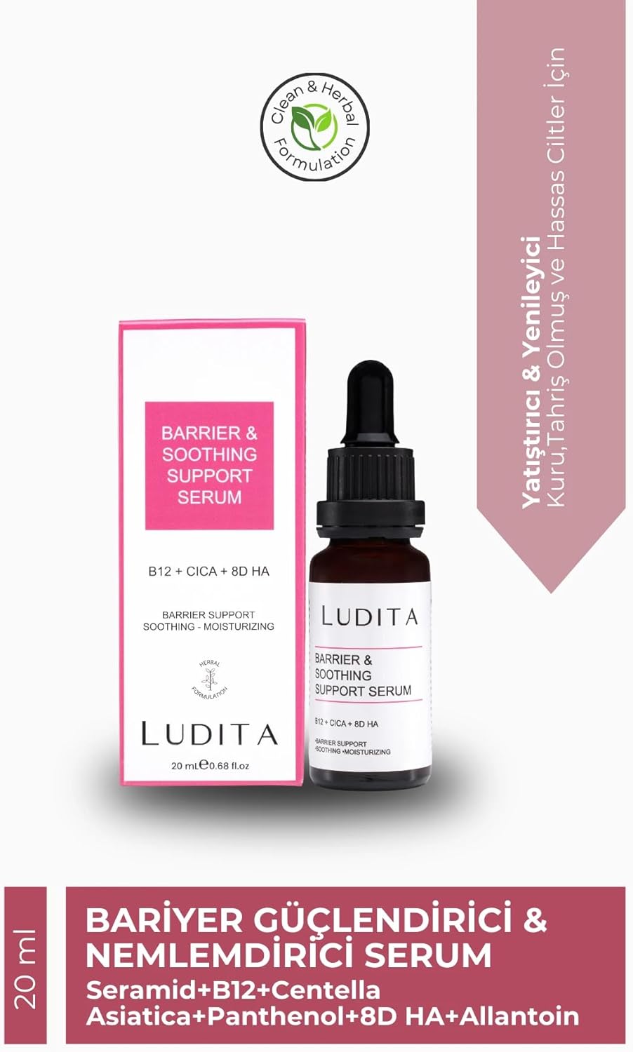 Ludita Soothing Ceramide Serum, Strengthens Skin Barrier With Vitamin B12, Deep Hydration, Calms Sensitive Skin, Repairs Dry Skin, Supports Moisture Retention, 30ml