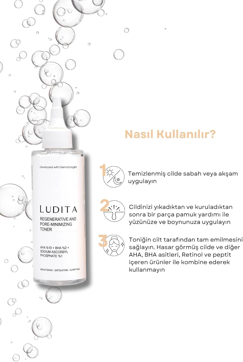 Ludita Renewing Peeling Tonic for All Skin Types, 10% AHA, 2% BHA, 1% Vitamin C Exfoliator, Pore Tightening Facial Toner, Fragrance-Free Face Toner, Cruelty-Free Skincare, 200 ml