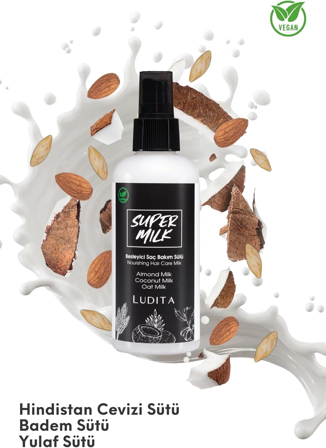 Ludita Almond Coconut Oat Milk Hair Primer, Nourishing Leave-In Conditioner Spray With Heat Protection, Frizz-Free Softening, Detangles For All Hair Types - 200ml