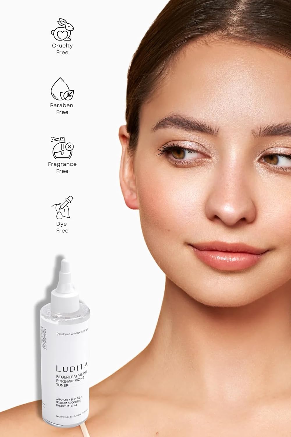 Ludita Renewing Peeling Tonic for All Skin Types, 10% AHA, 2% BHA, 1% Vitamin C Exfoliator, Pore Tightening Facial Toner, Fragrance-Free Face Toner, Cruelty-Free Skincare, 200 ml