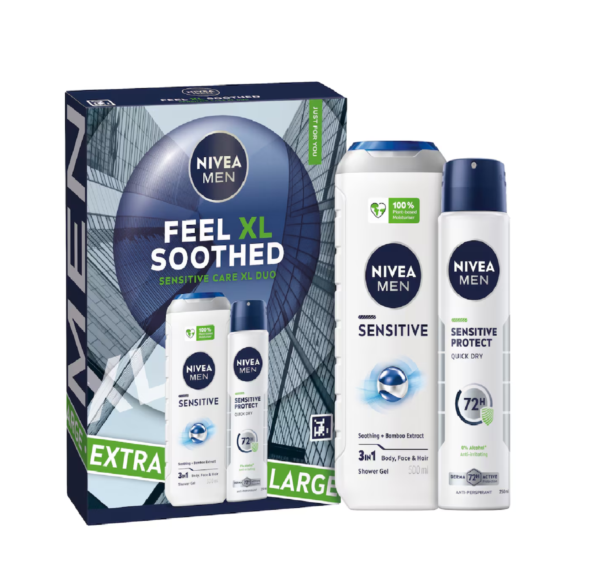 NIVEA MEN Feel Soothed Sensitive XL gift set with 500ml shower gel and 250ml antiperspirant spray