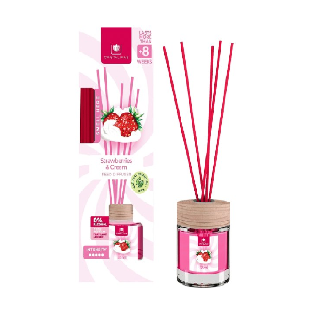 Cristalinas Strawberries & Cream Reed Diffuser 35ml with box and red reeds