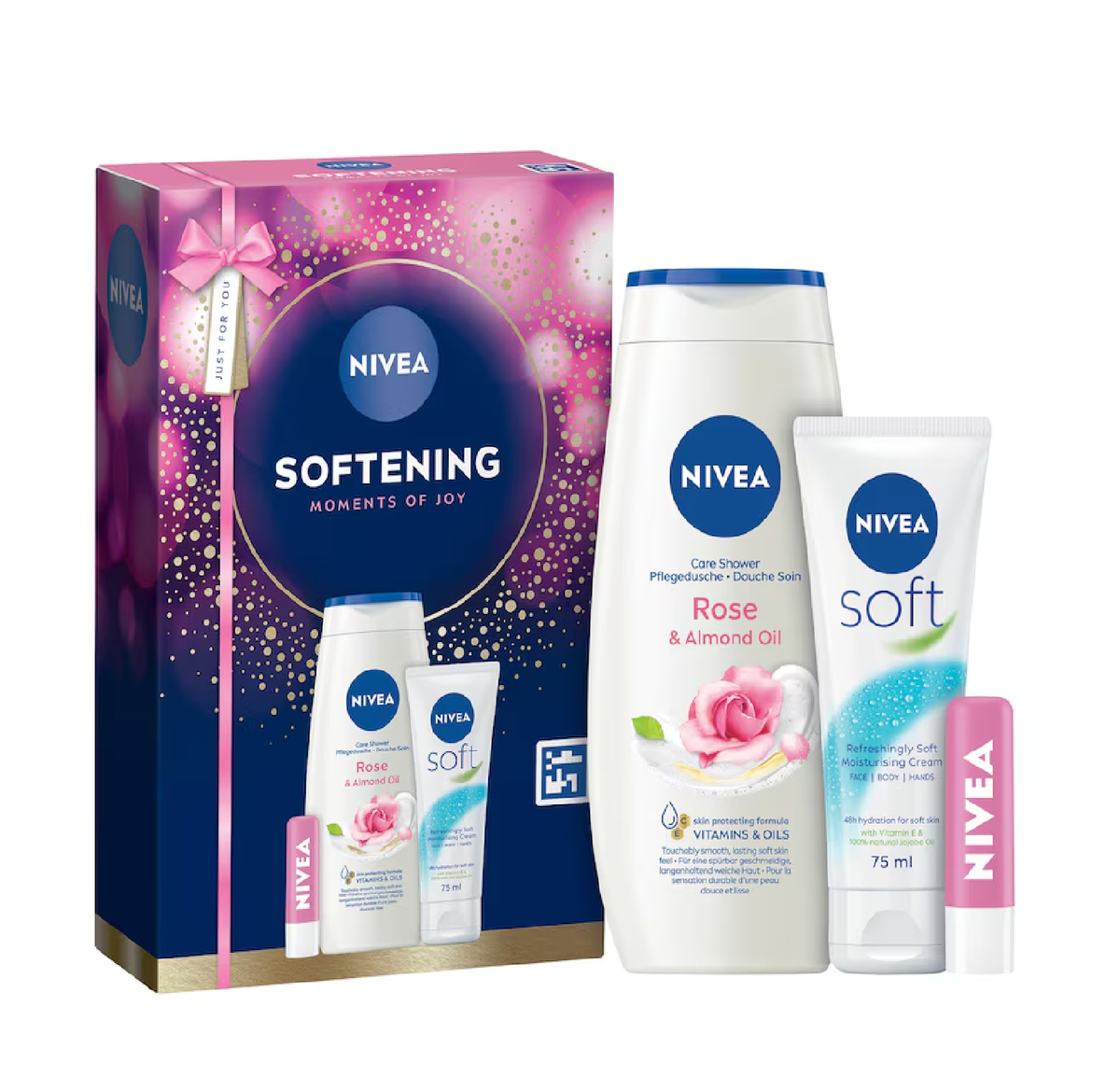 Nivea Softening Moments of Joy gift set with shower cream, moisturising cream and lip balm