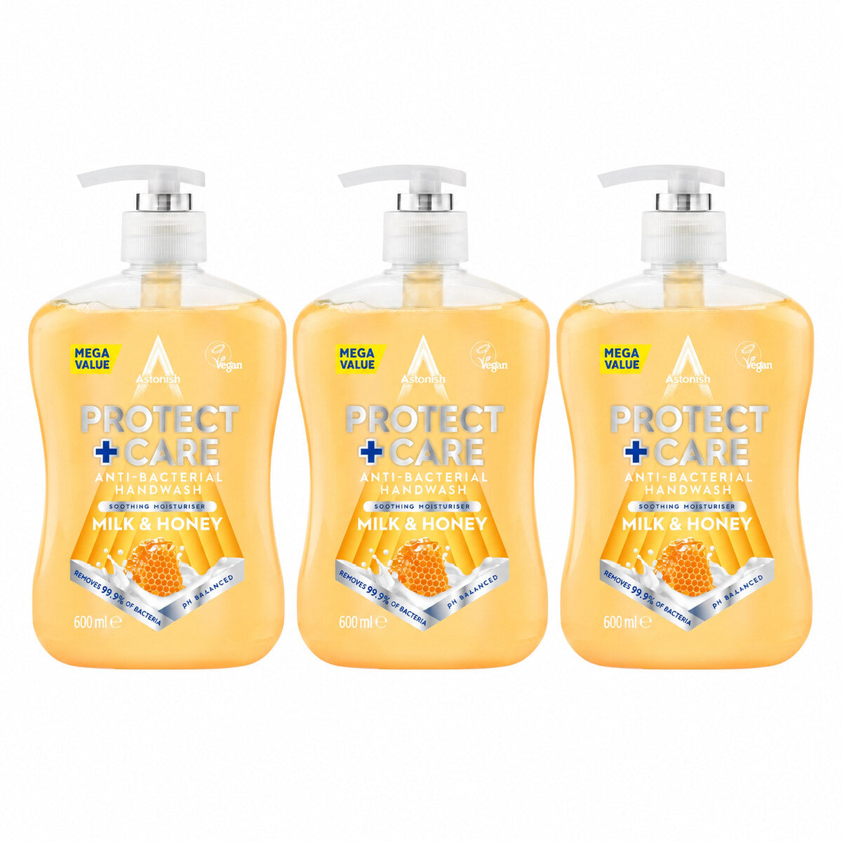 Three Astonish Milk & Honey antibacterial handwash bottles, 600ml each