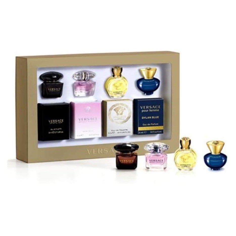 Versace (4 x 5ml) Miniature Gift Set for Women: Crystal Noir Eau De Toilette + Bright Crystal Eau De Toilette + Eros Pour Femme Eau De Toilette + Dylan Pour Femme Eau de Parfum -