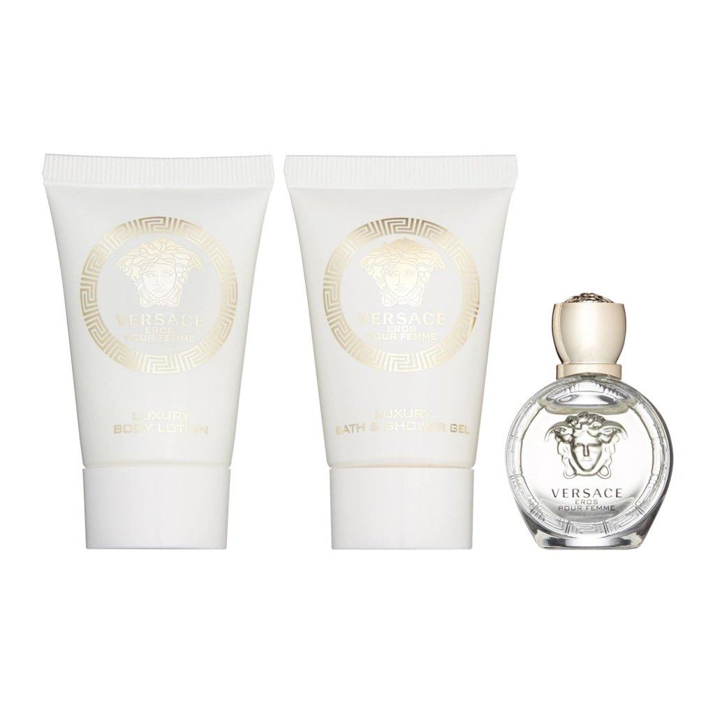 Versace Eros Pour Femme Gift Set for Women: Versace Eros Pour Femme Eau de Parfum (5ml) + Shower Gel (25ml) + Body Lotion (25ml) -