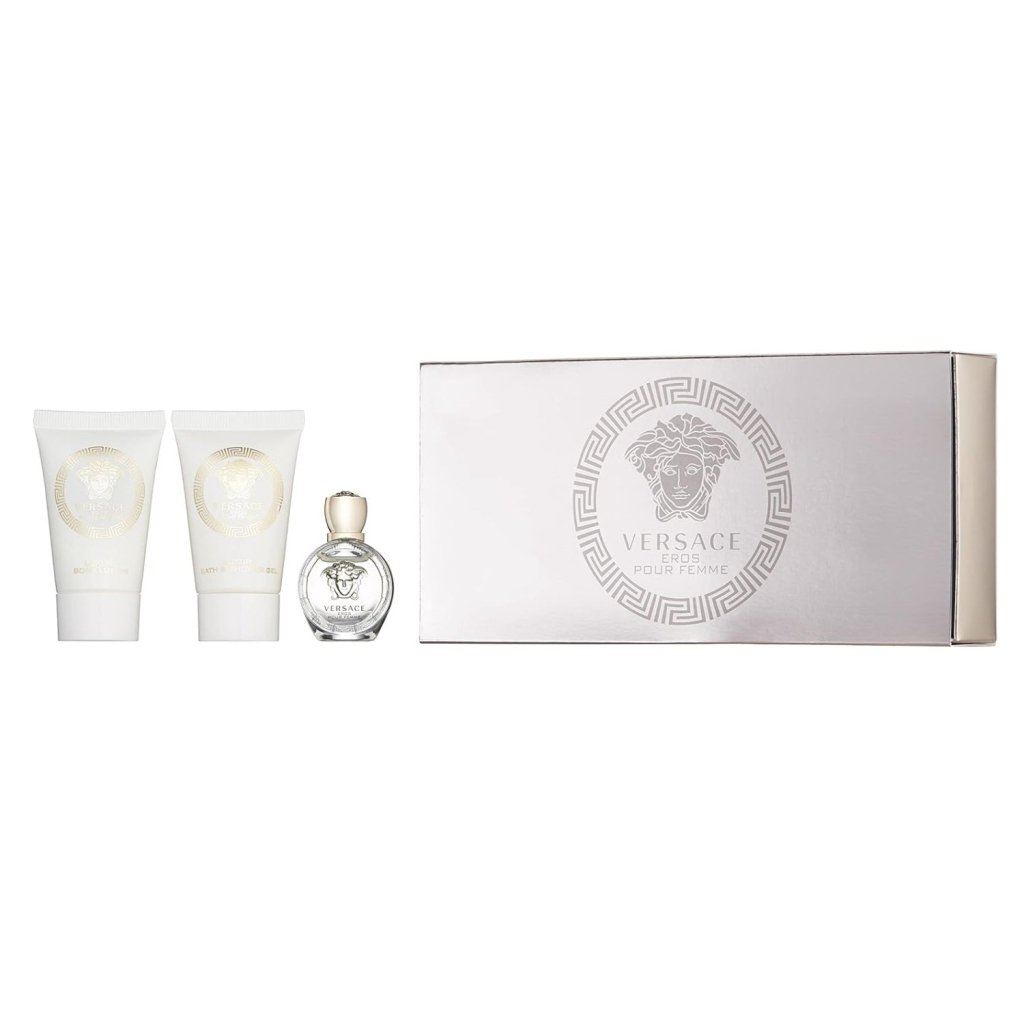 Versace Eros Pour Femme Gift Set for Women: Versace Eros Pour Femme Eau de Parfum (5ml) + Shower Gel (25ml) + Body Lotion (25ml) -