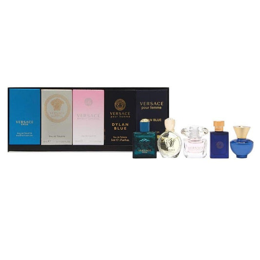 Versace Miniatures Collection Men and Women (5x5ml) Gift Set: Eros Eau De Toilette + Eros Pour Femme Eau De Toilette + Bright Crystal Eau De Toilette + Pour Homme Dylan Blue Eau De Toilette + Pour Femme Dylan Blue Eau de Parfum -