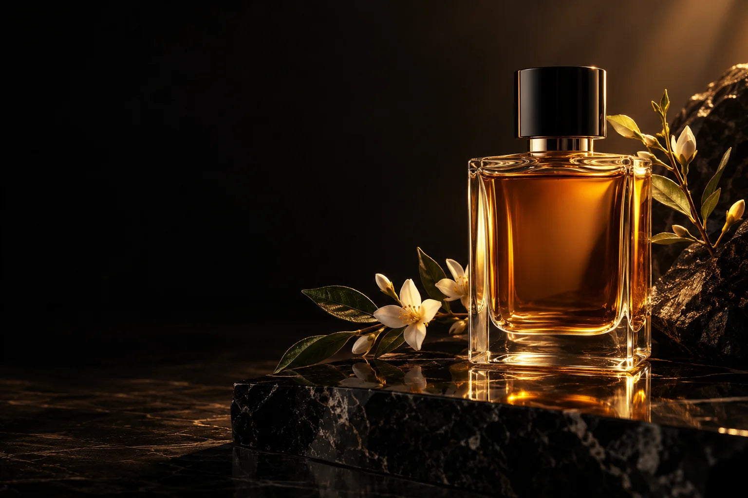 Amber perfume bottle with warm golden light