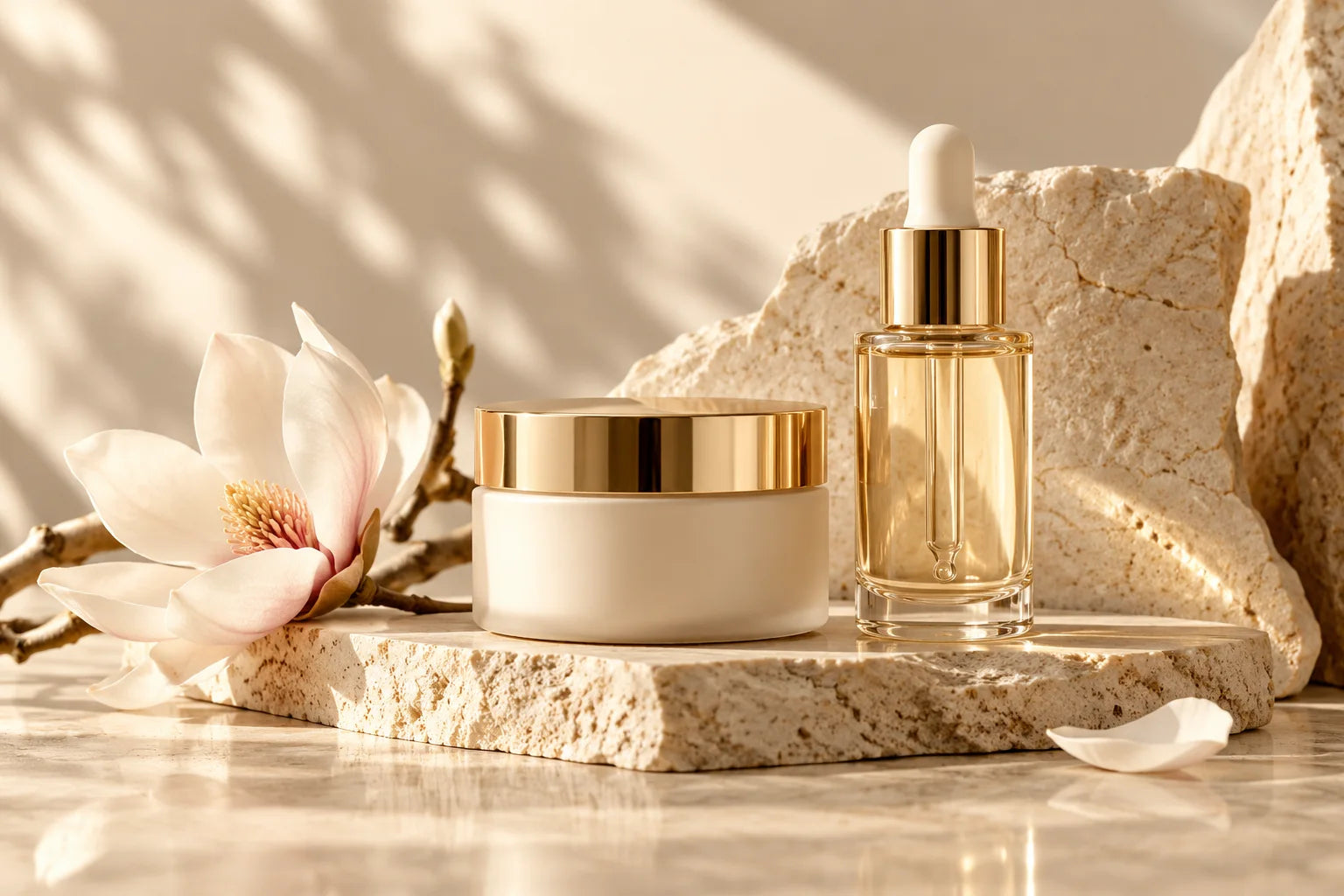 Skincare jar, serum and magnolia on pale stone